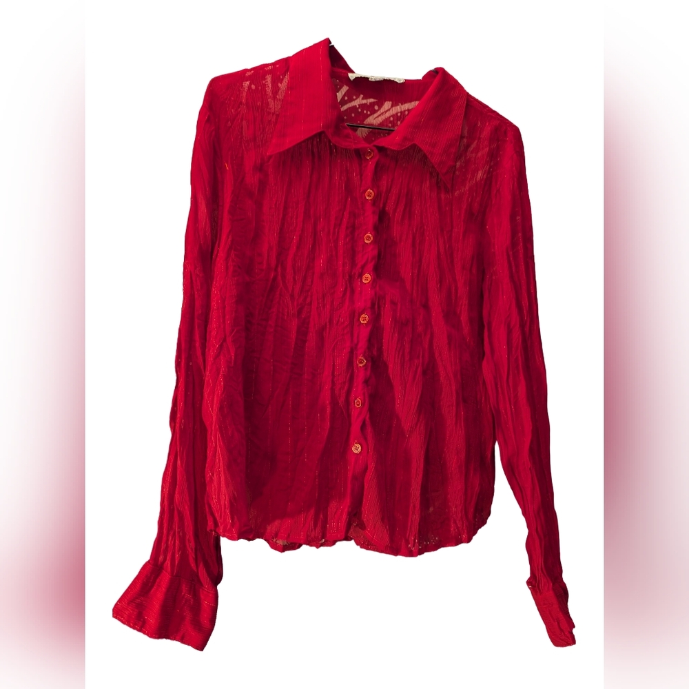 Simon's Contemporaine Red Women's Transparent Button-Up Top Medium